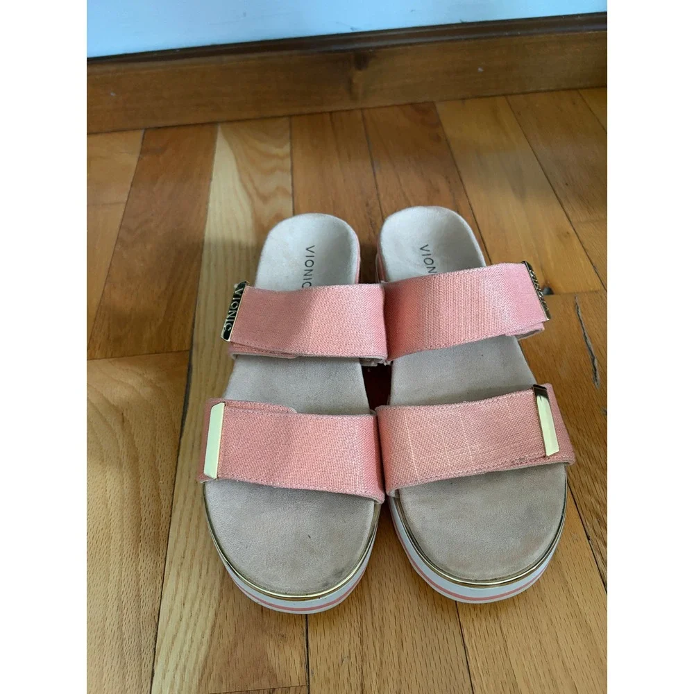 Womens Vionic Brandie Slide Platform Sandal Metallic Shine Coral Size 10